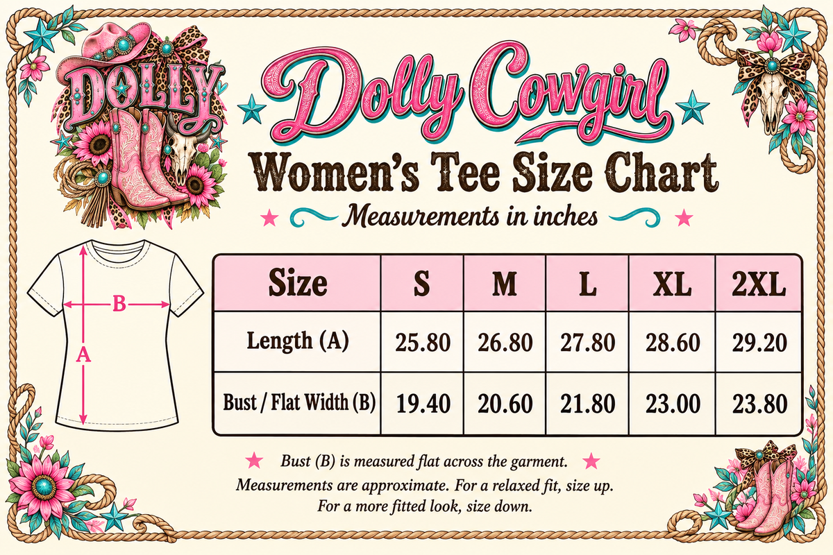 Dolly Cowgirl women’s tee size chart S to 2XL, length and flat width in inches