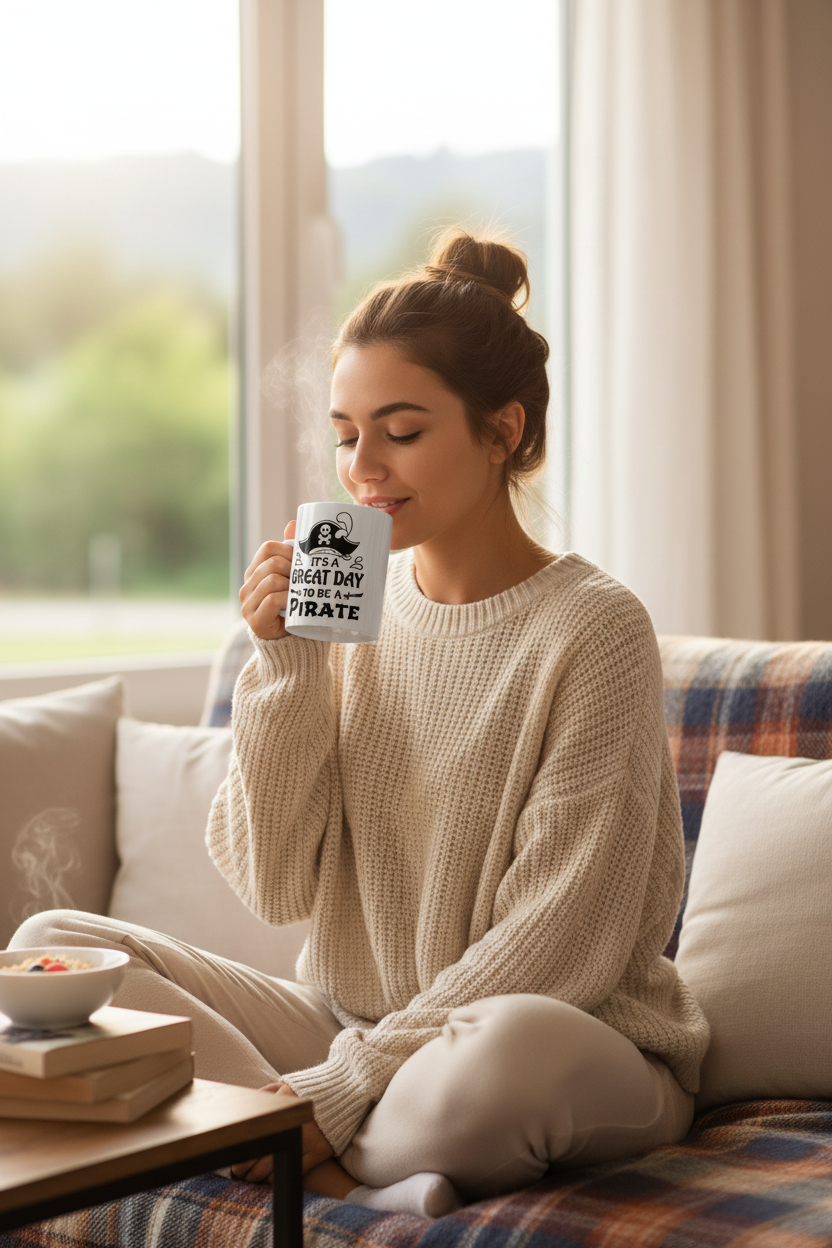 It's a Great Day to Be a Pirate Mug - Lady Drinking 1