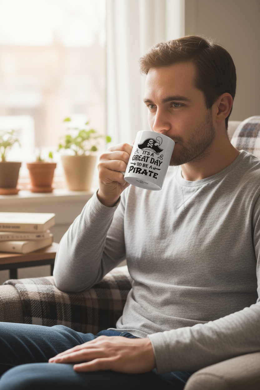 It's a Great Day to Be a Pirate Mug - Man Drinking 1