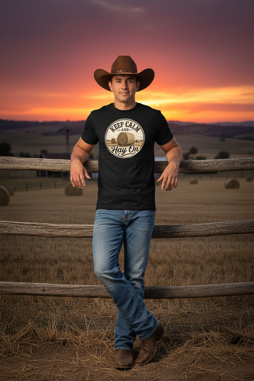 Keep Calm and Hay On Black Tee Mockup