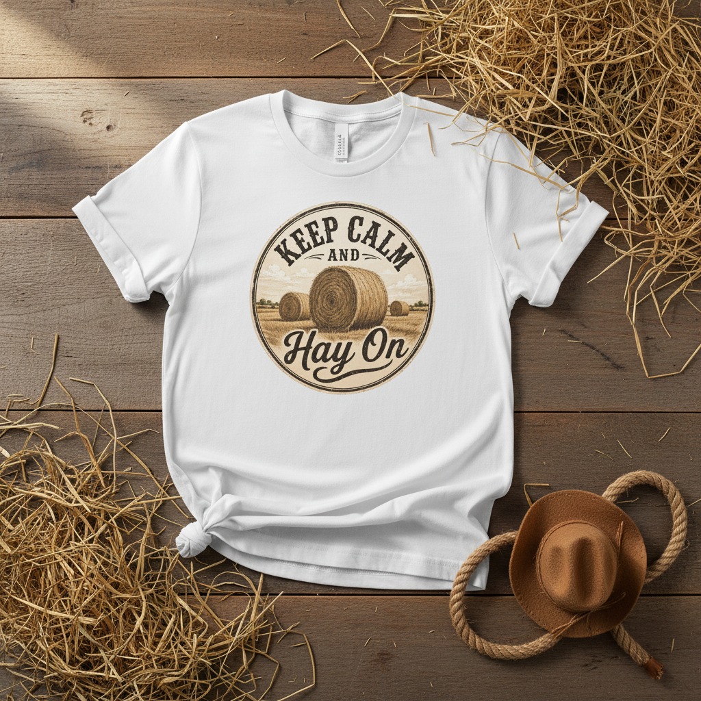 Keep Calm and Hay On Flat Lay Mockup