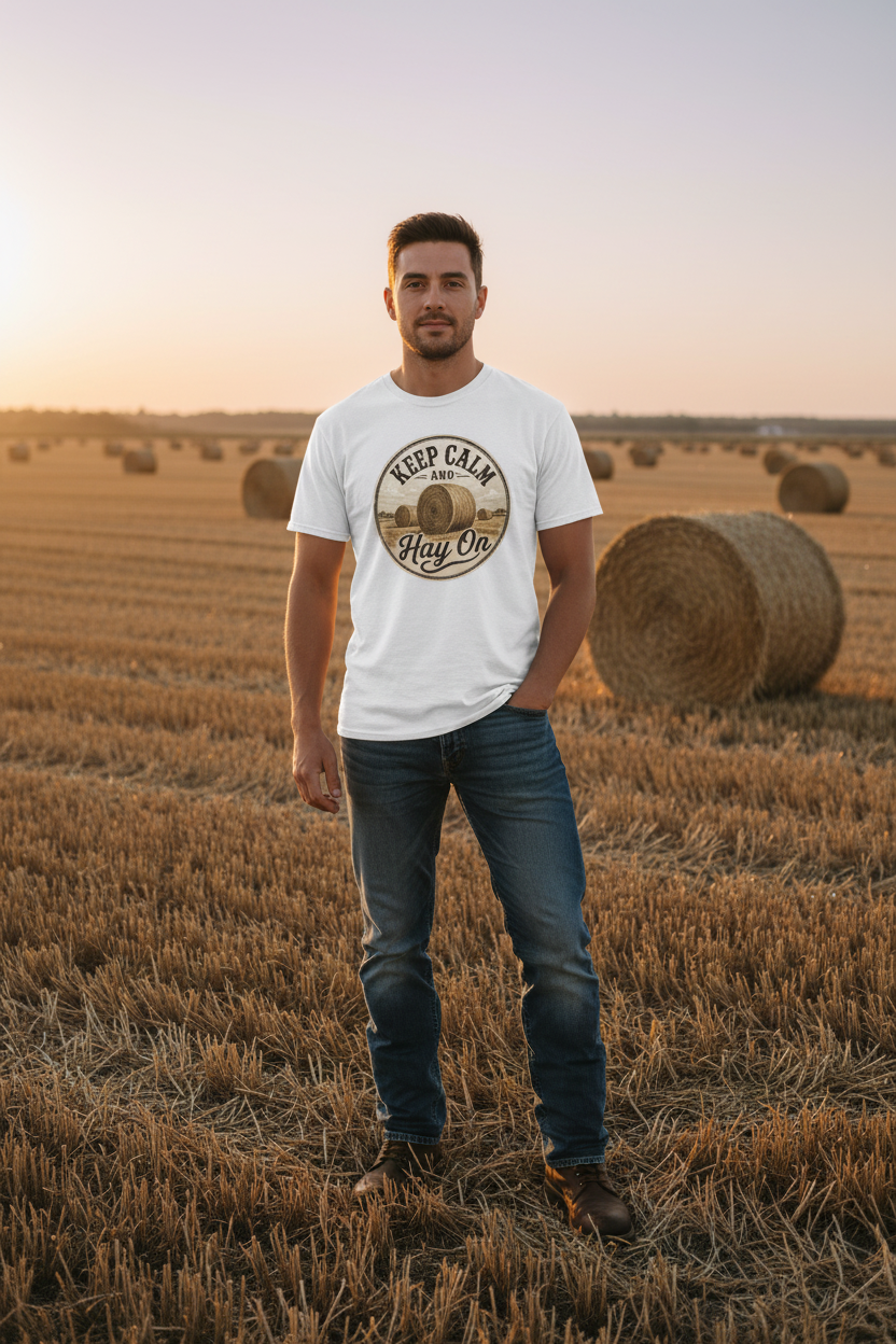Keep Calm and Hay On White Tee Mockup