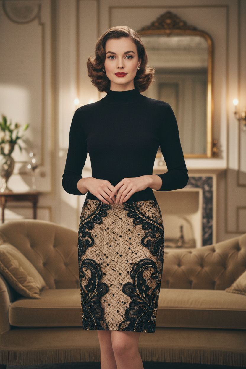 Lace Vintage Pencil Skirt Front