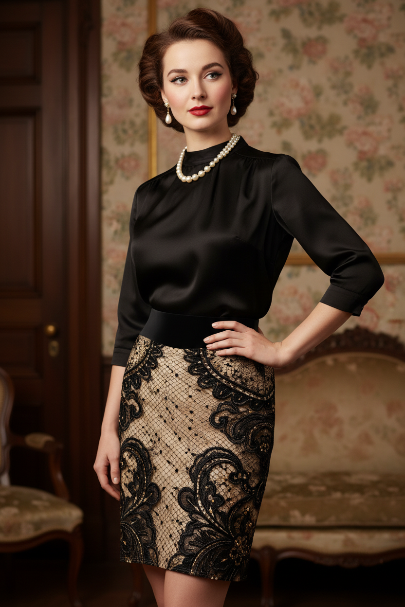 Lace Vintage Pencil Skirt Zoom 2
