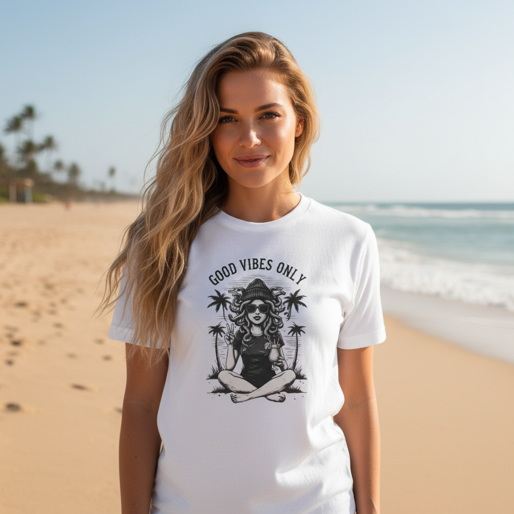 Lady with long blonde hair wearing your Good Vibes Tee on beach