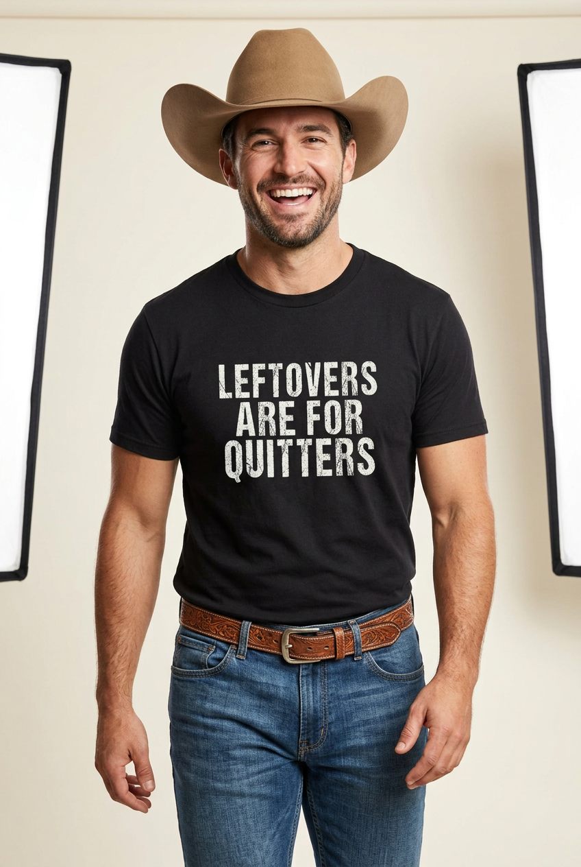 Leftovers Are for Quitters black tee, casual walking pose