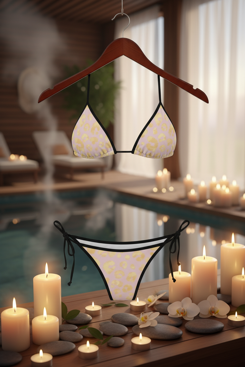 Leopard dot bikini on hanger with candles spa atmosphere