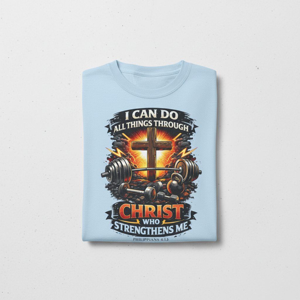 Light blue Christian gym tee folded
