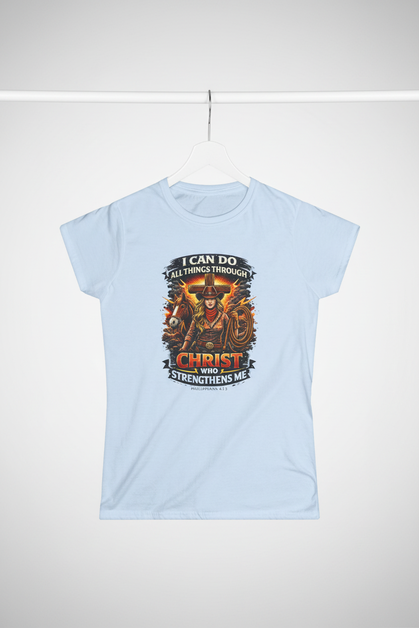 Light blue I Can Do All Things tee on hanger