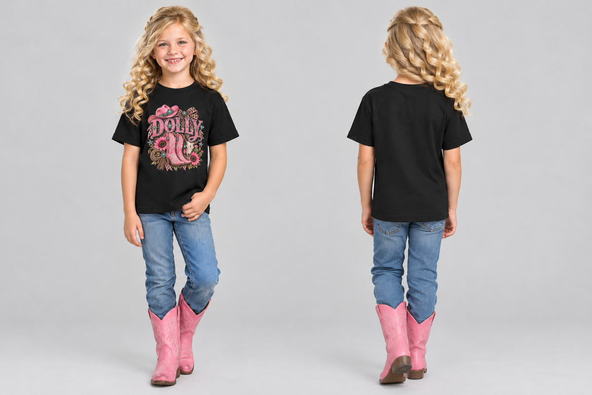 Little cowgirl wearing the black Dolly tee, front and back with fresh poses