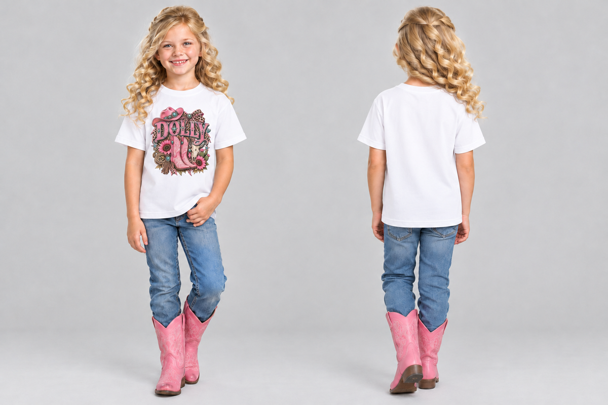 Little cowgirl wearing the white Dolly tee, front and back