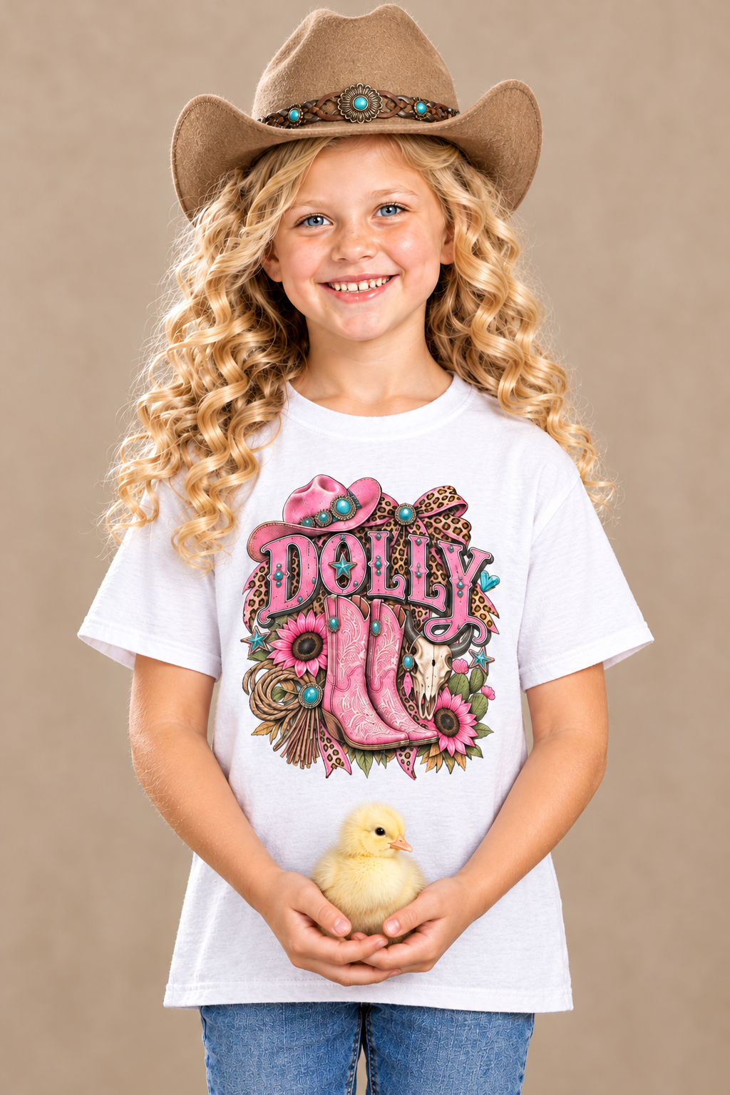 Little girl wearing a cowgirl hat and white Dolly tee while holding a baby duck