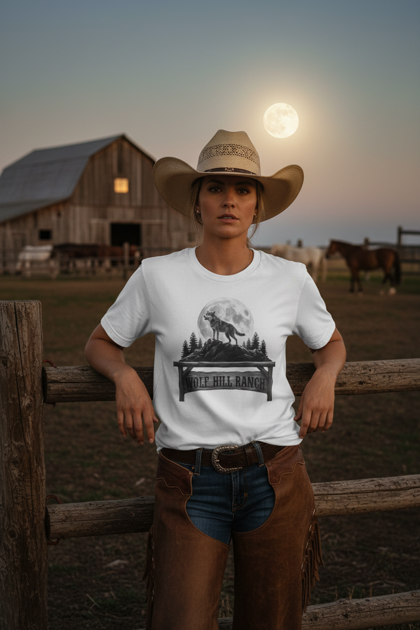 Lone Howl Wolf Tee - Cowgirl in Ranch Setting Mockup