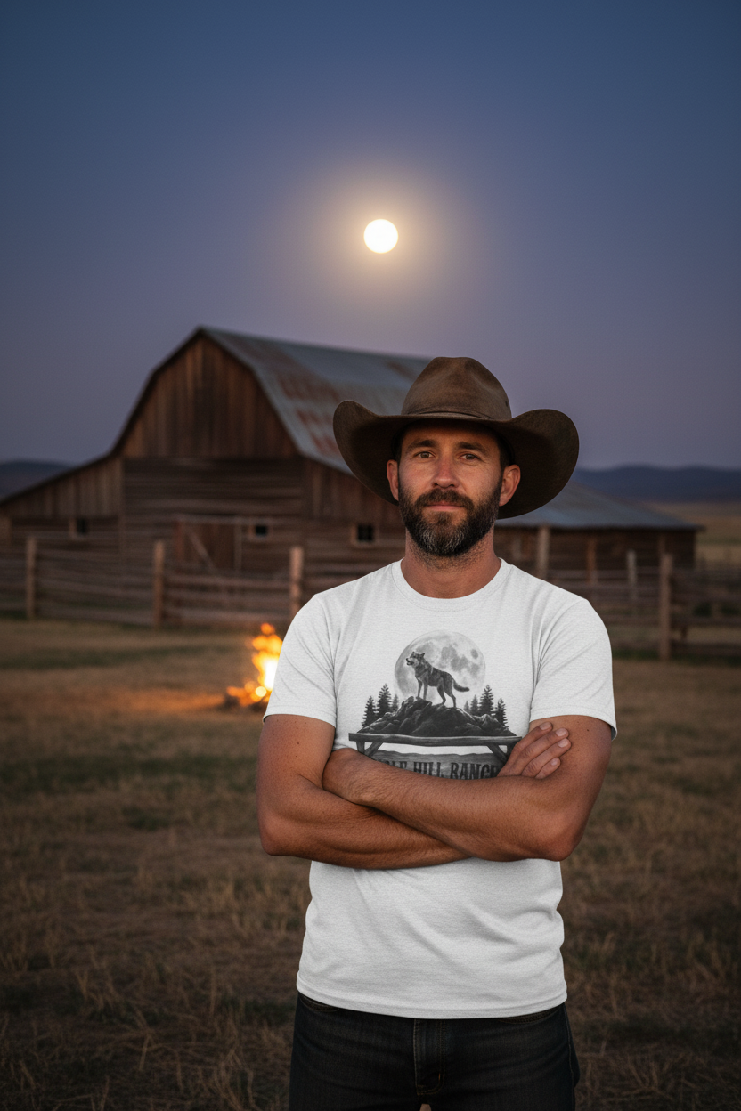 Lone Howl Wolf Tee - Man in Ranch Setting Mockup