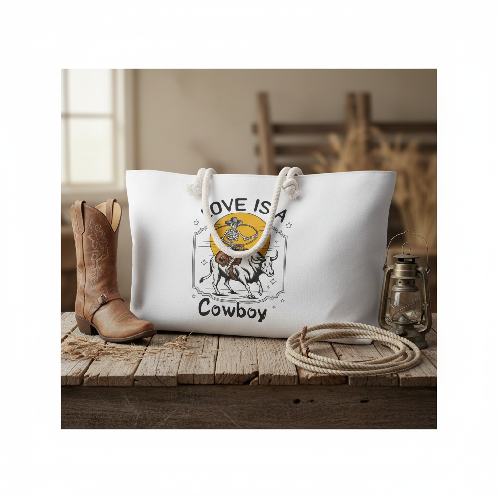 Love Is a Cowboy weekender bag on rustic surface