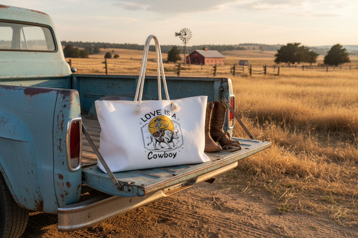 Love Is a Cowboy weekender bag on vintage truck tailgate