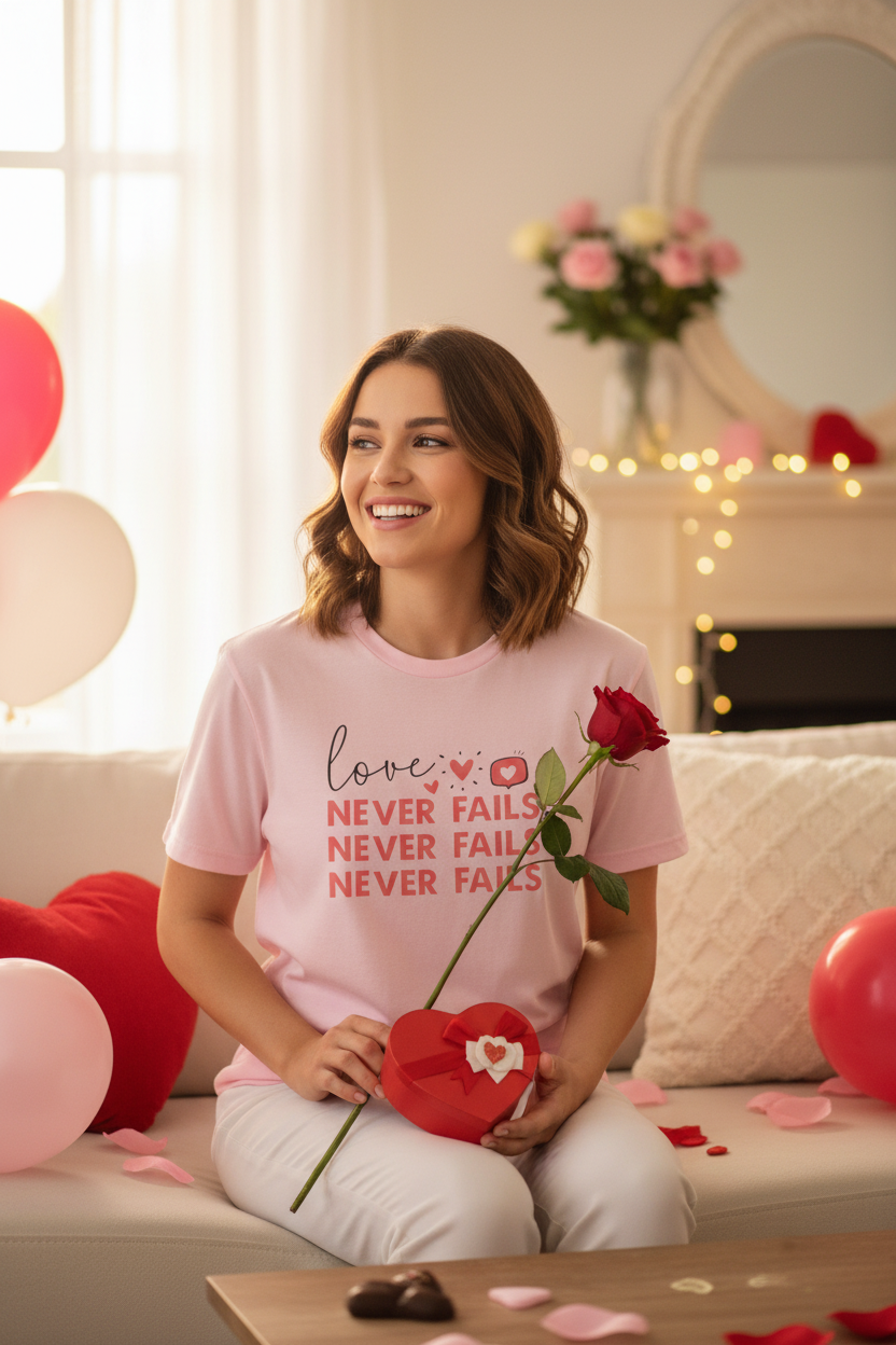 Love Never Fails Valentine's Tee Mockup