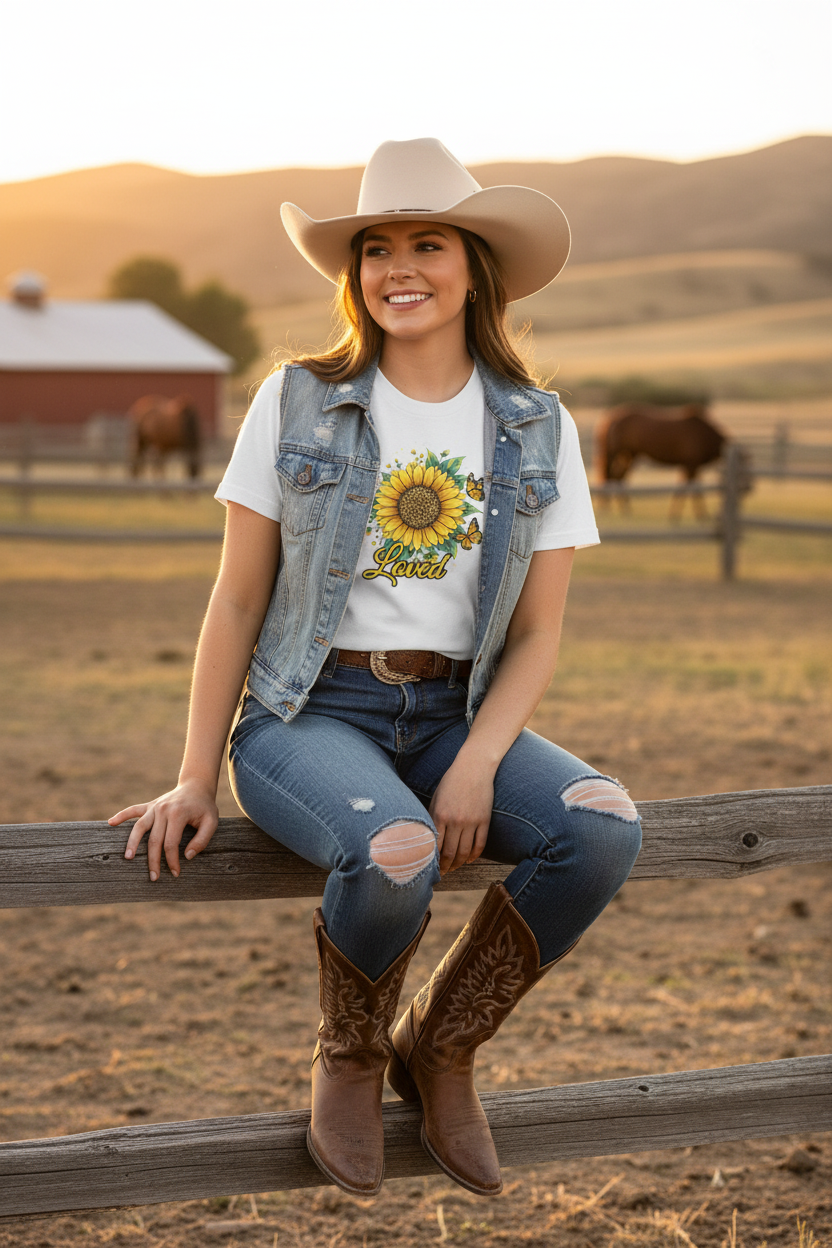 Loved Sunflower Tee - Cowgirl Different Pose