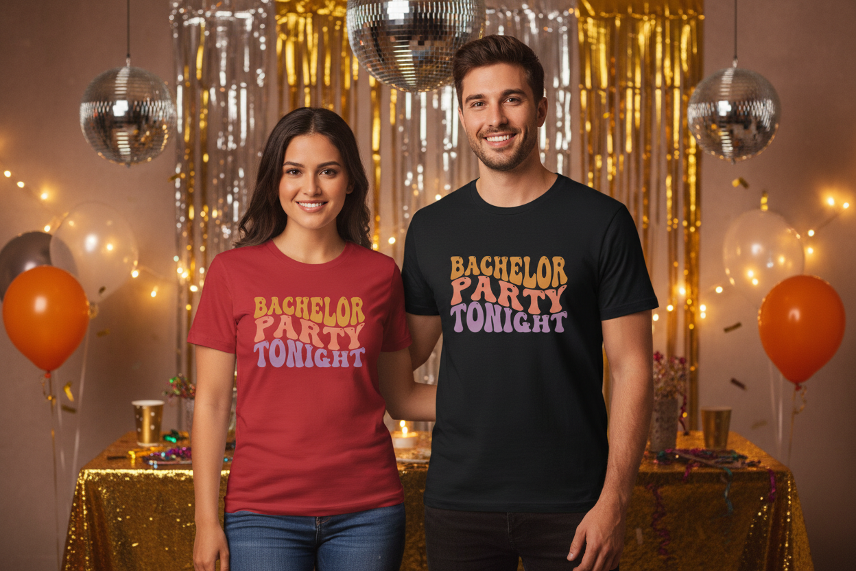 Man and woman side by side wearing Bachelor Party Tonight tees at party