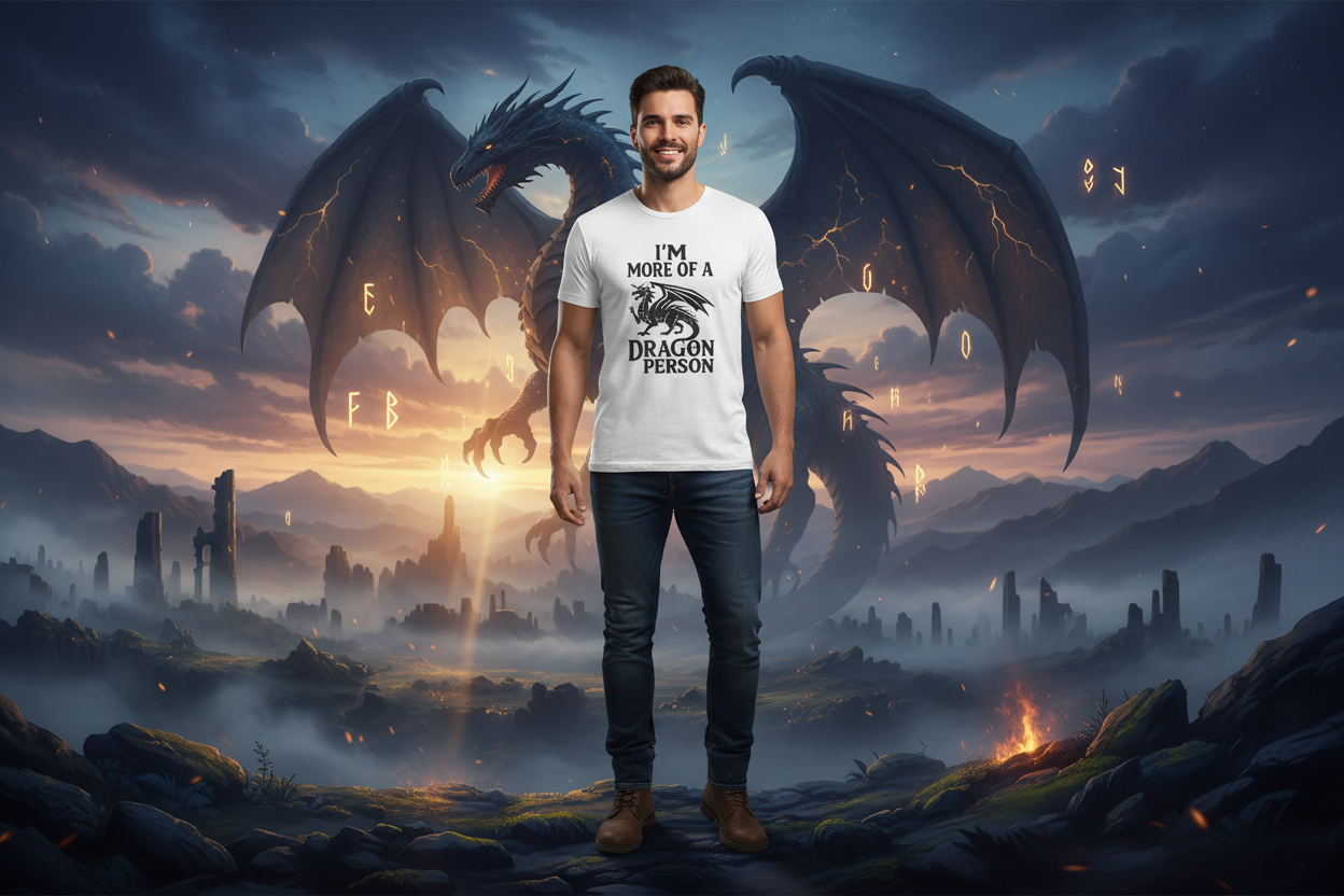 Man in mystical setting with dragon silhouette