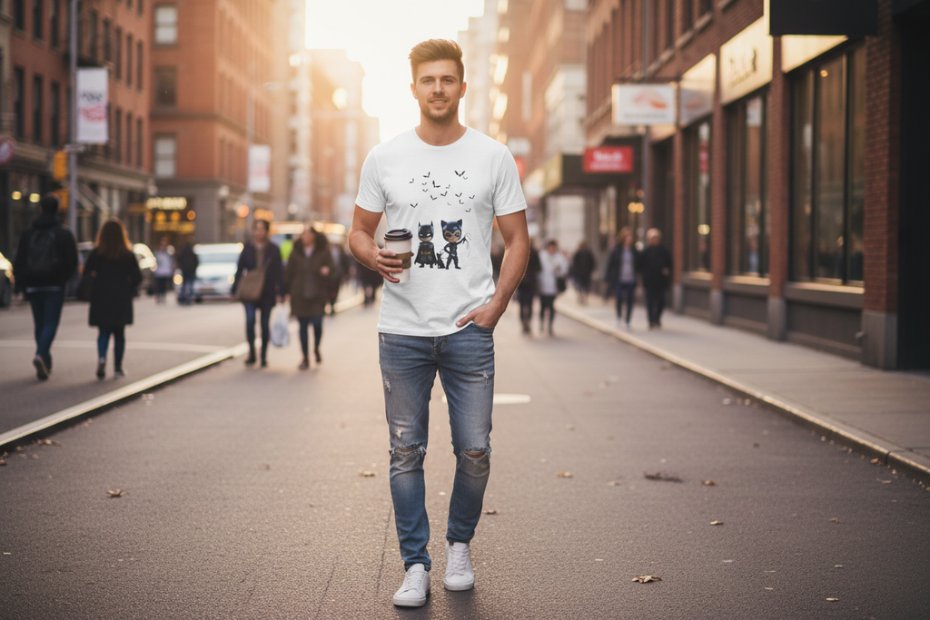 Man in white tee outdoors in urban environment