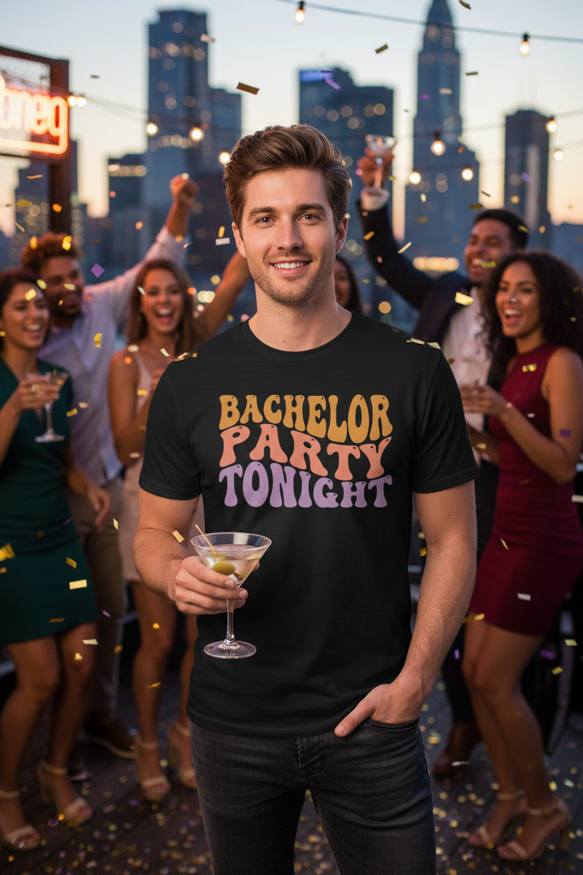 Man wearing black Bachelor Party Tonight tee