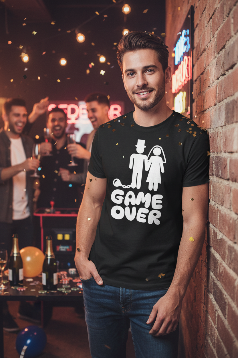 Man wearing black Game Over Bride & Groom tee