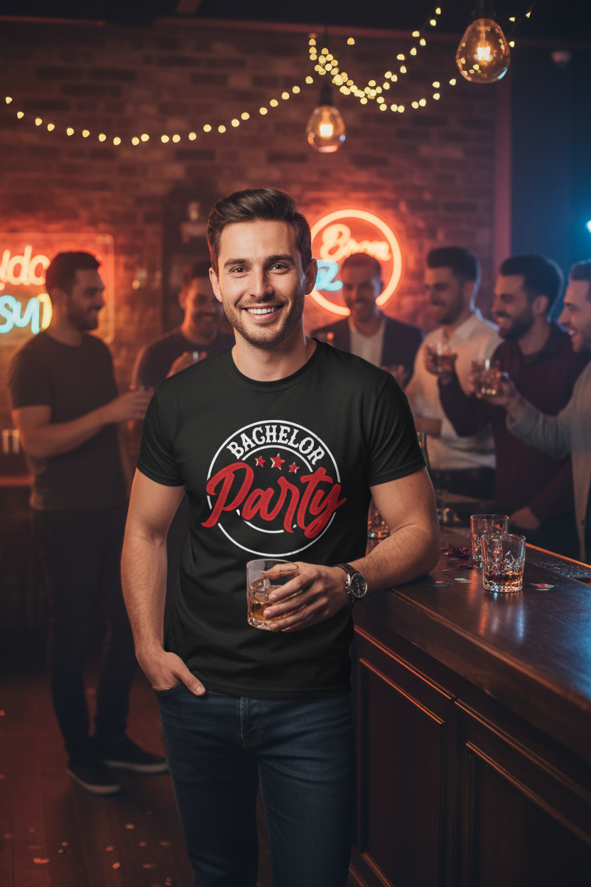 Man wearing black vintage retro groom crew tee