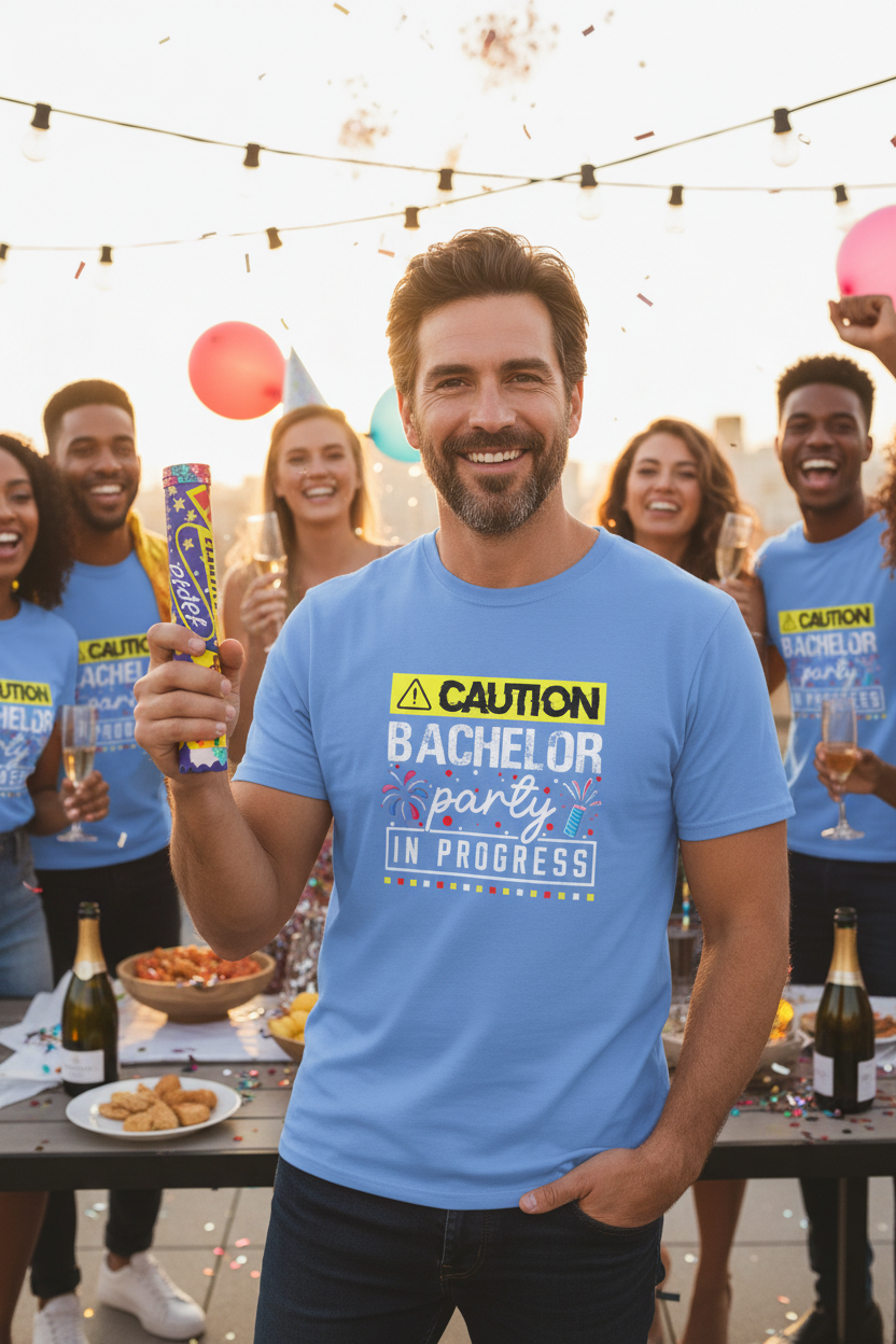 Man wearing carolina blue Bachelor Party Caution In Progress tee