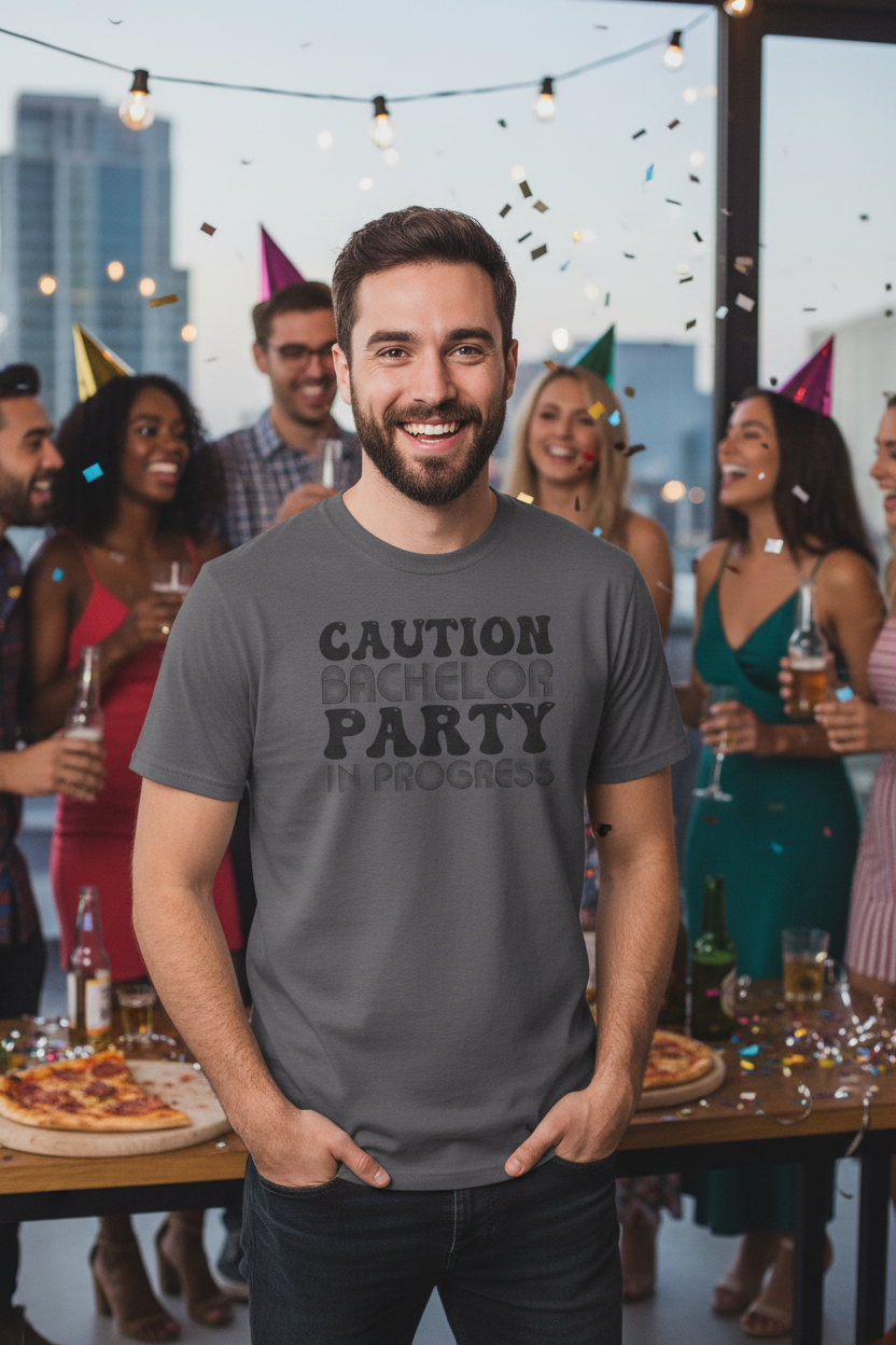 Man wearing charcoal Caution Bachelor tee