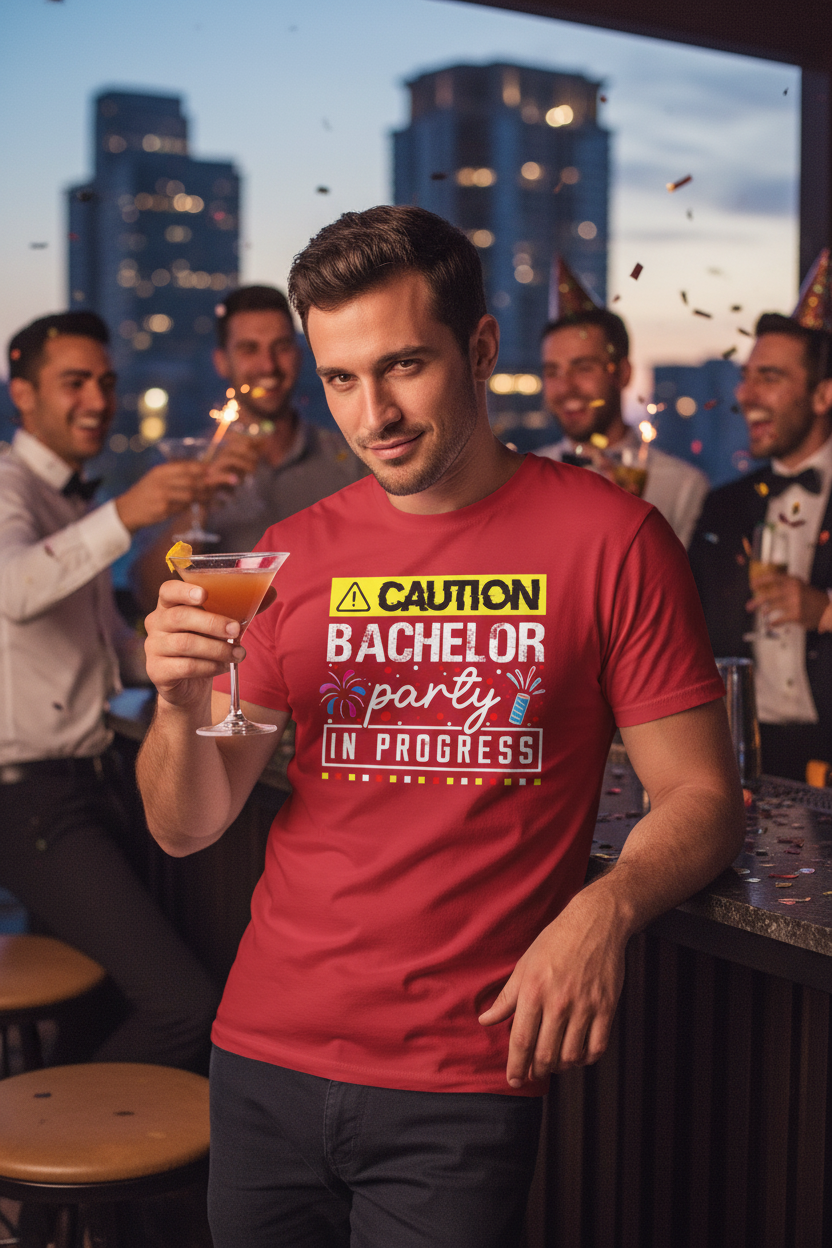 Man wearing cherry red Bachelor Party Caution In Progress tee
