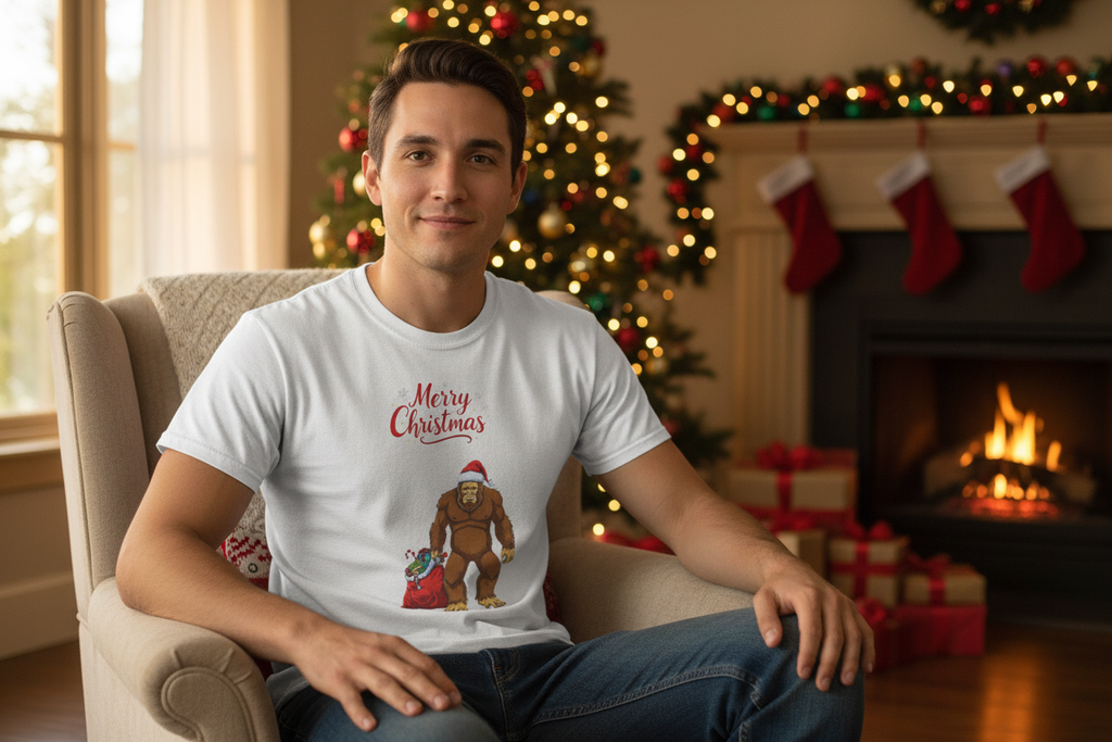Man wearing Christmas Sasquatch t-shirt