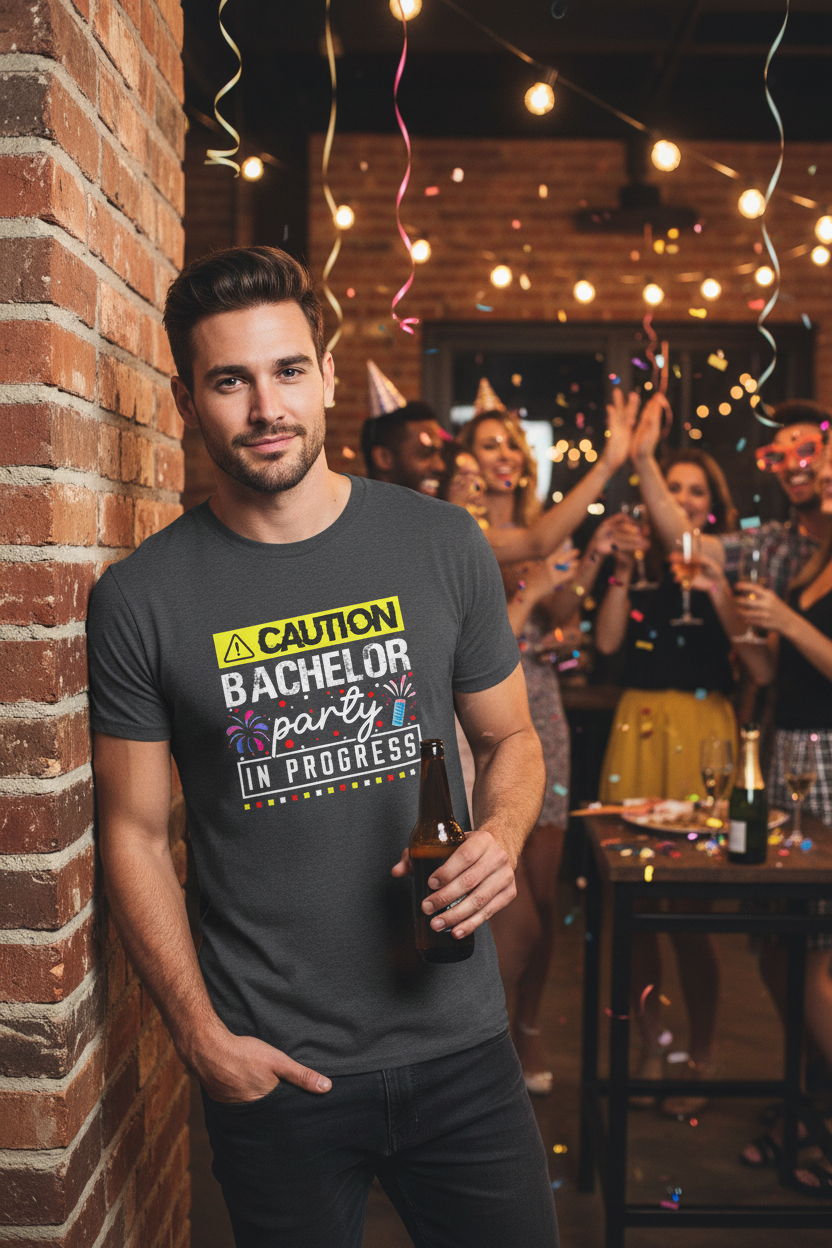 Man wearing dark heather Bachelor Party Caution In Progress tee