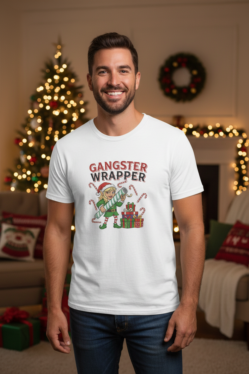 Man Wearing Gangster Wrapper Christmas Tee Mockup 1