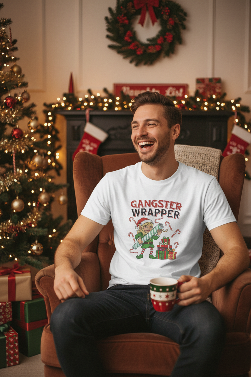 Man Wearing Gangster Wrapper Christmas Tee Mockup 2