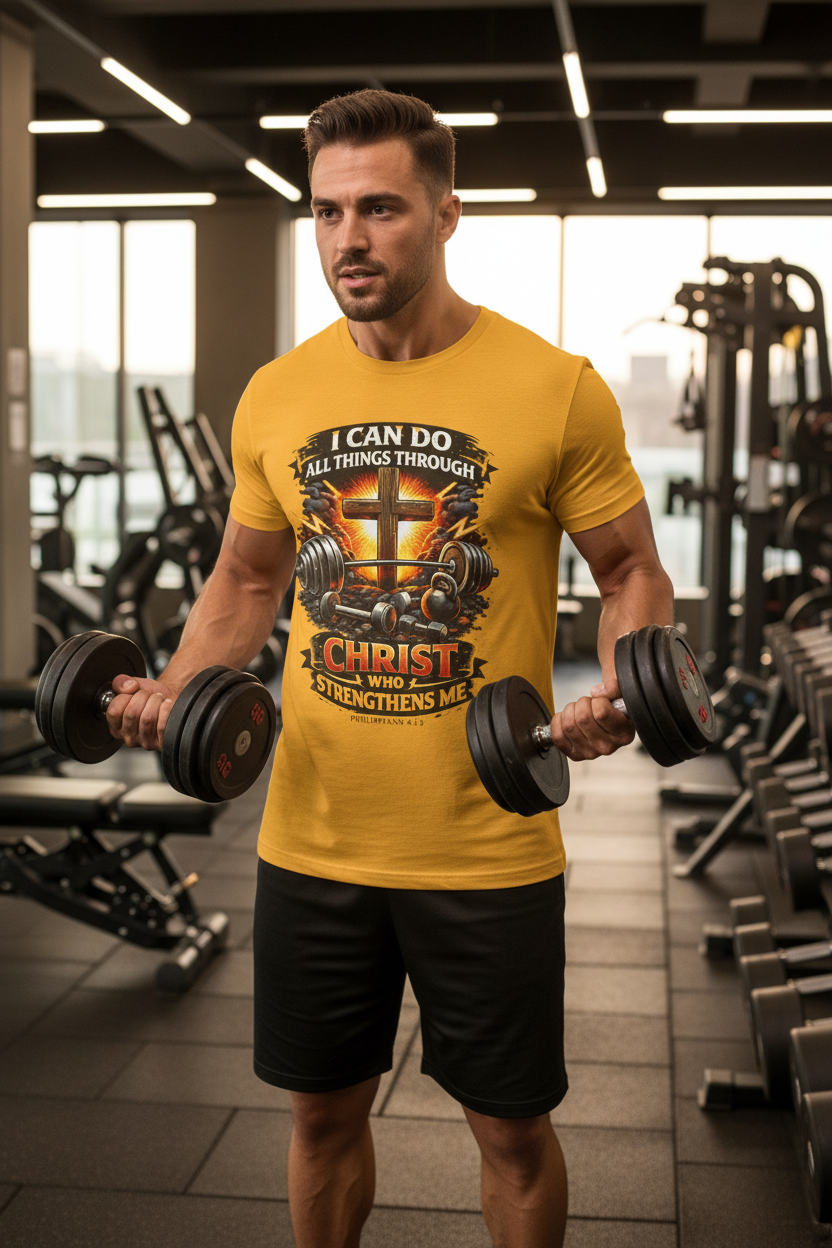 Man wearing gold Christian gym tee