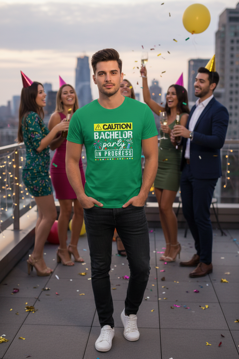Man wearing kelly green Bachelor Party Caution In Progress tee