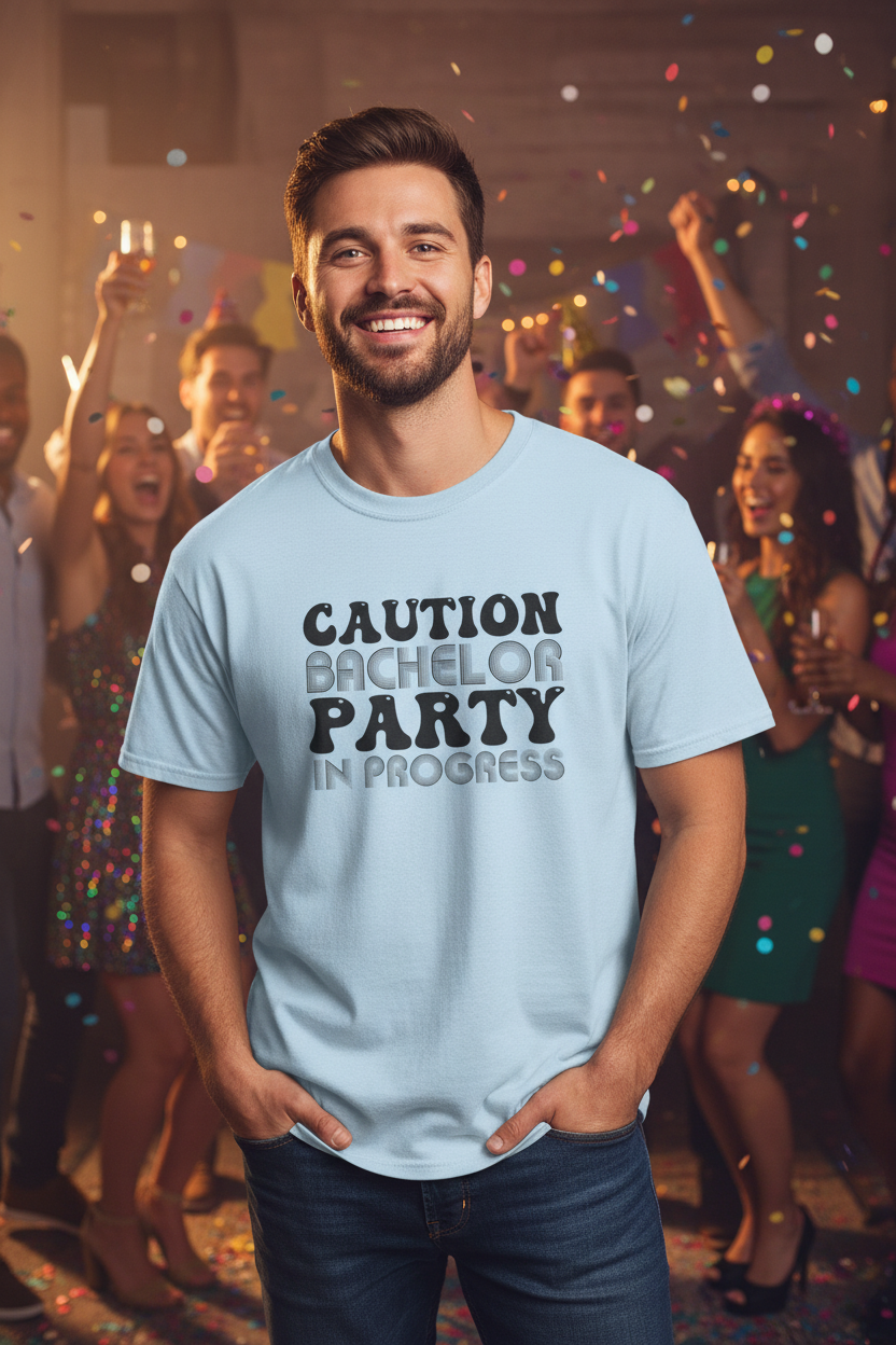 Man wearing light blue Caution Bachelor tee