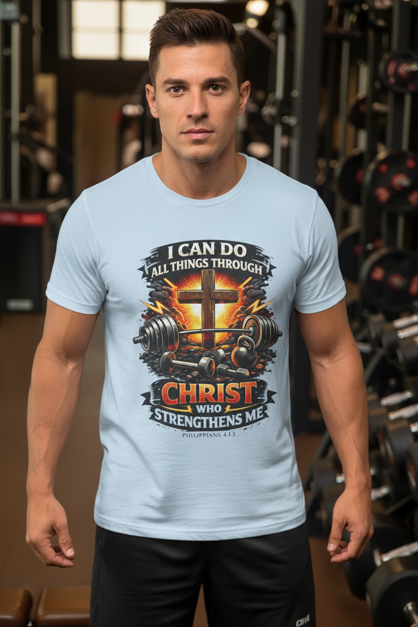 Man wearing light blue Christian gym tee