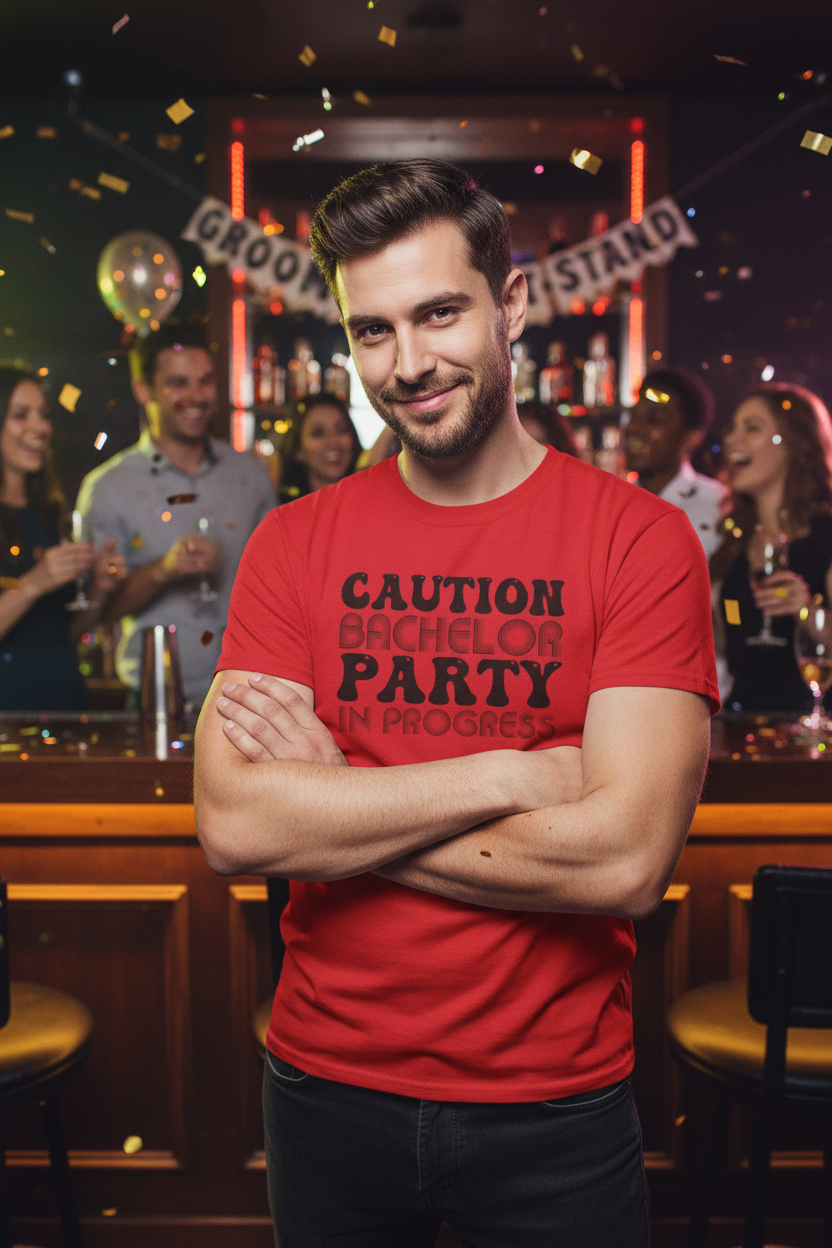Man wearing red Caution Bachelor tee