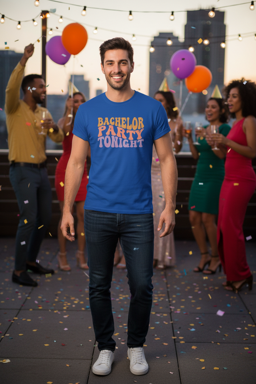 Man wearing royal blue Bachelor Party Tonight tee
