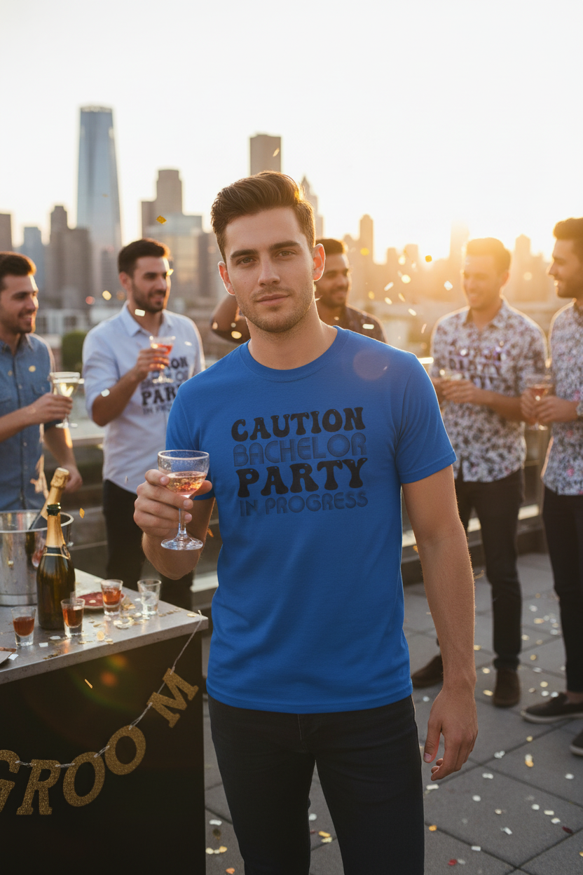 Man wearing royal blue Caution Bachelor tee