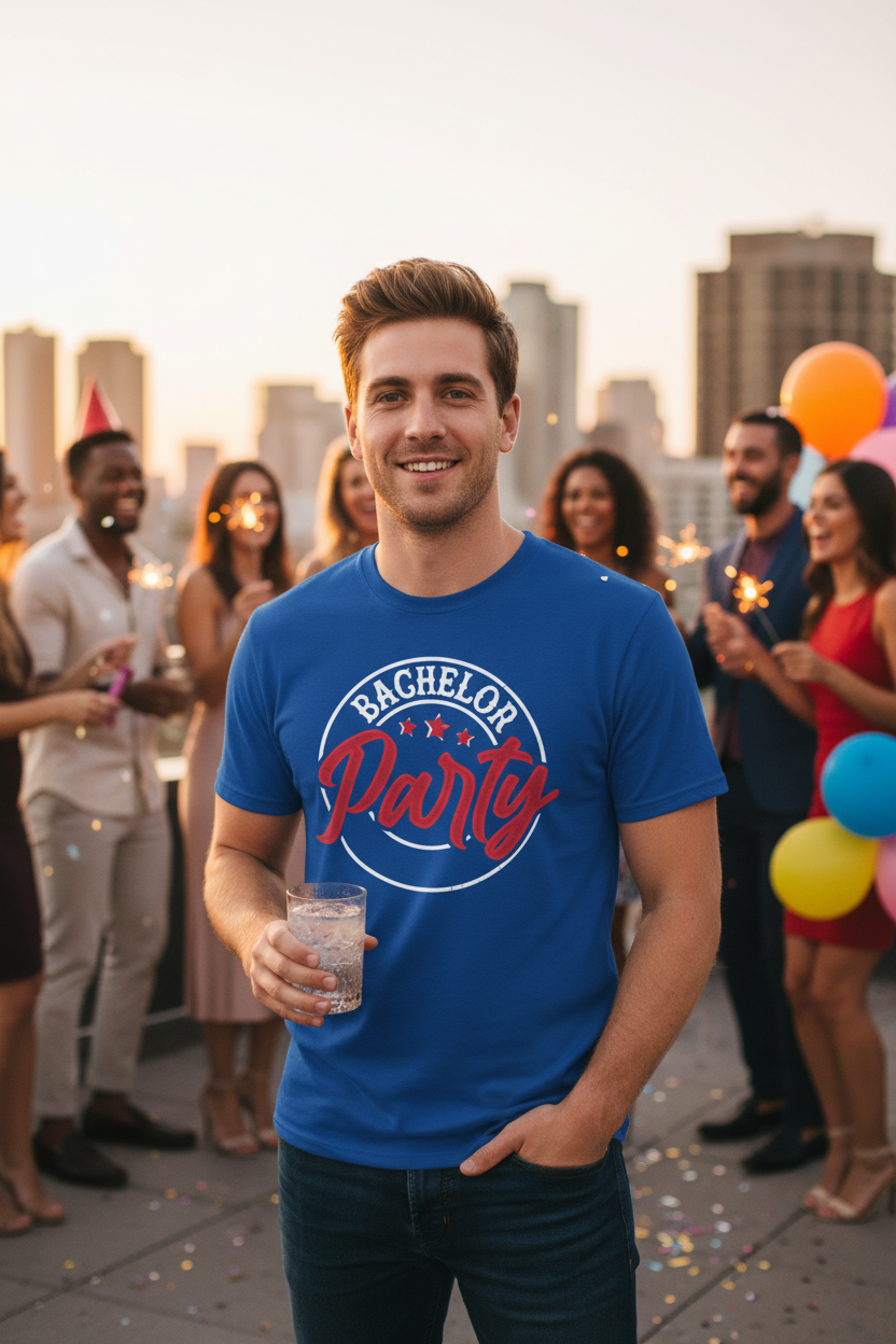 Man wearing royal blue vintage retro groom crew tee