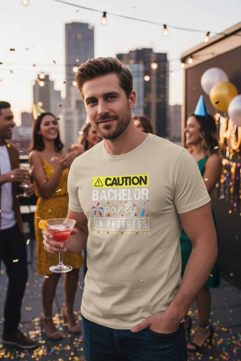 Man wearing sand Bachelor Party Caution In Progress tee