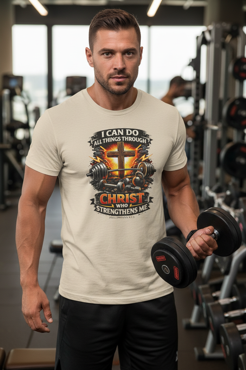 Man wearing sand Christian gym tee