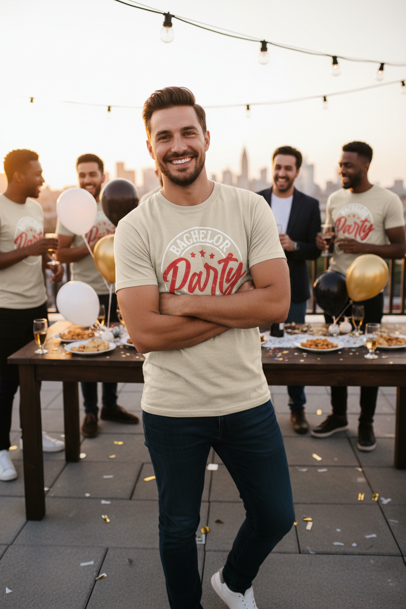 Man wearing sand vintage retro groom crew tee
