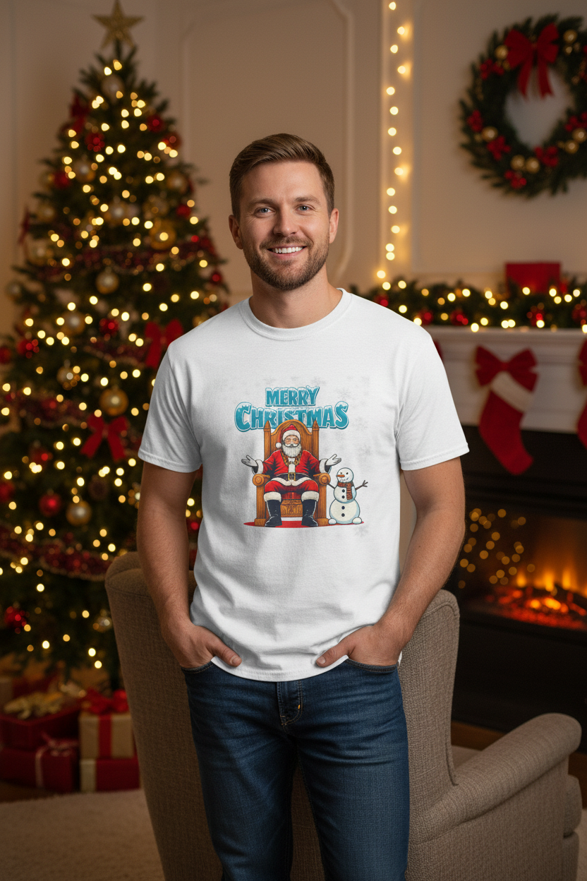 Man Wearing Santa Snowman Christmas Tee