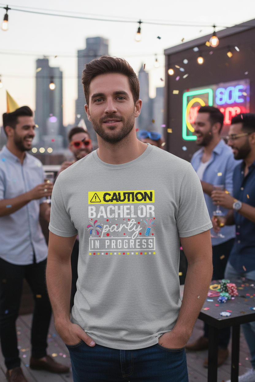 Man wearing sport grey Bachelor Party Caution In Progress tee