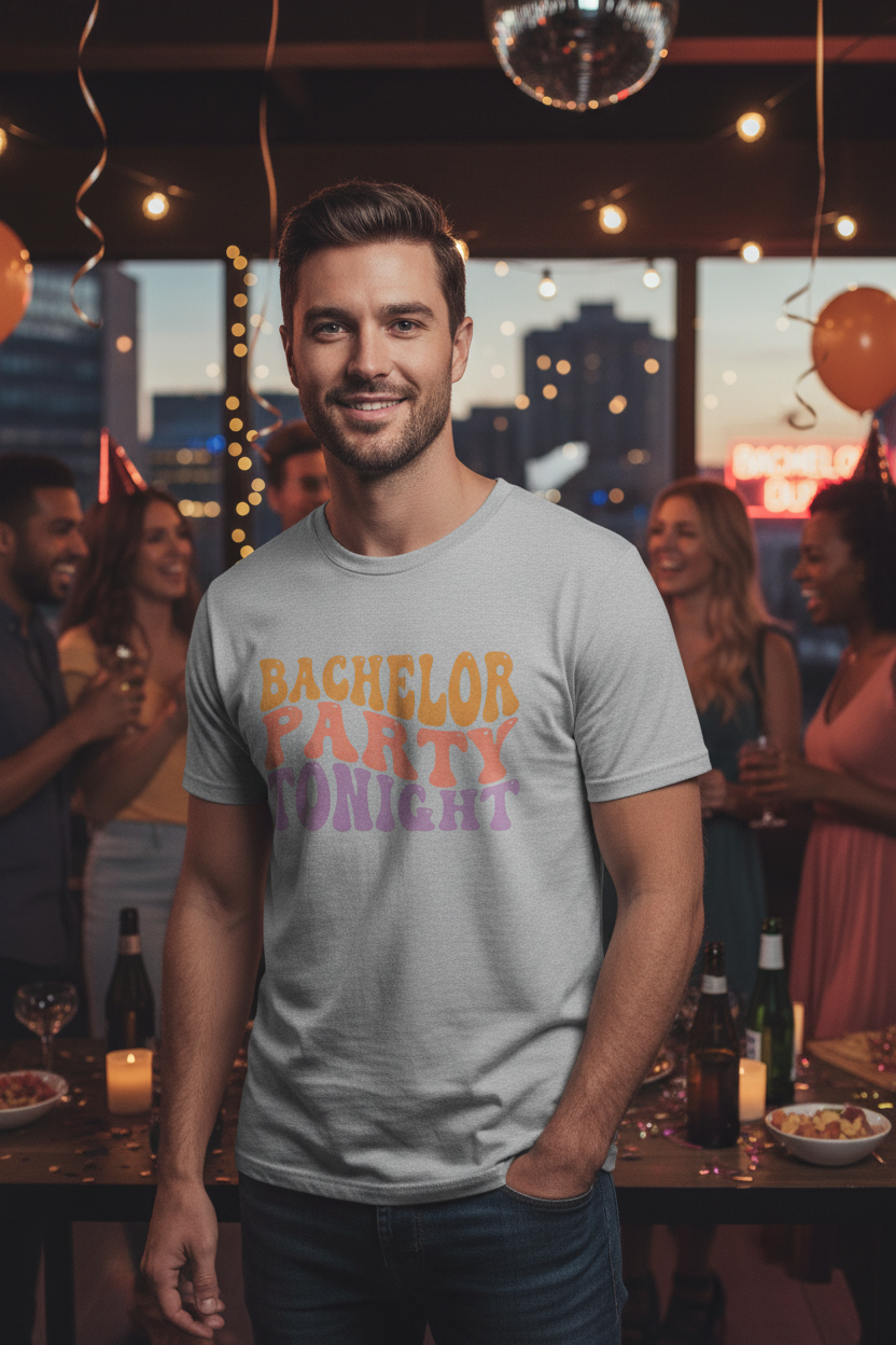 Man wearing sport grey Bachelor Party Tonight tee