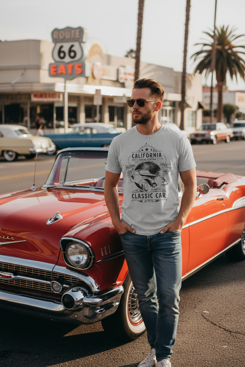 Man wearing sport grey California car club t-shirt